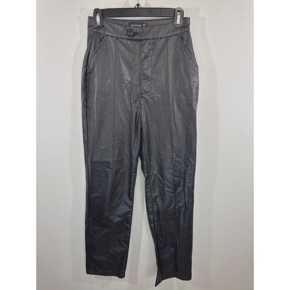 PrettyLittleThing Pants - PrettyLittleThing Womens Black Faux Leather High Waisted Straight Leg Pants 6